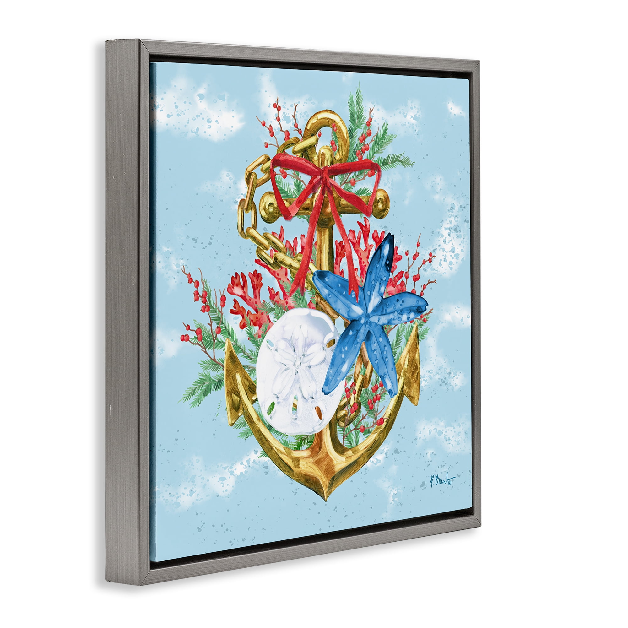 Stupell Industries Holiday Submerged Anchor Holiday Painting Gray Floater Framed Canvas Art Print Wall Art, 18 x 18