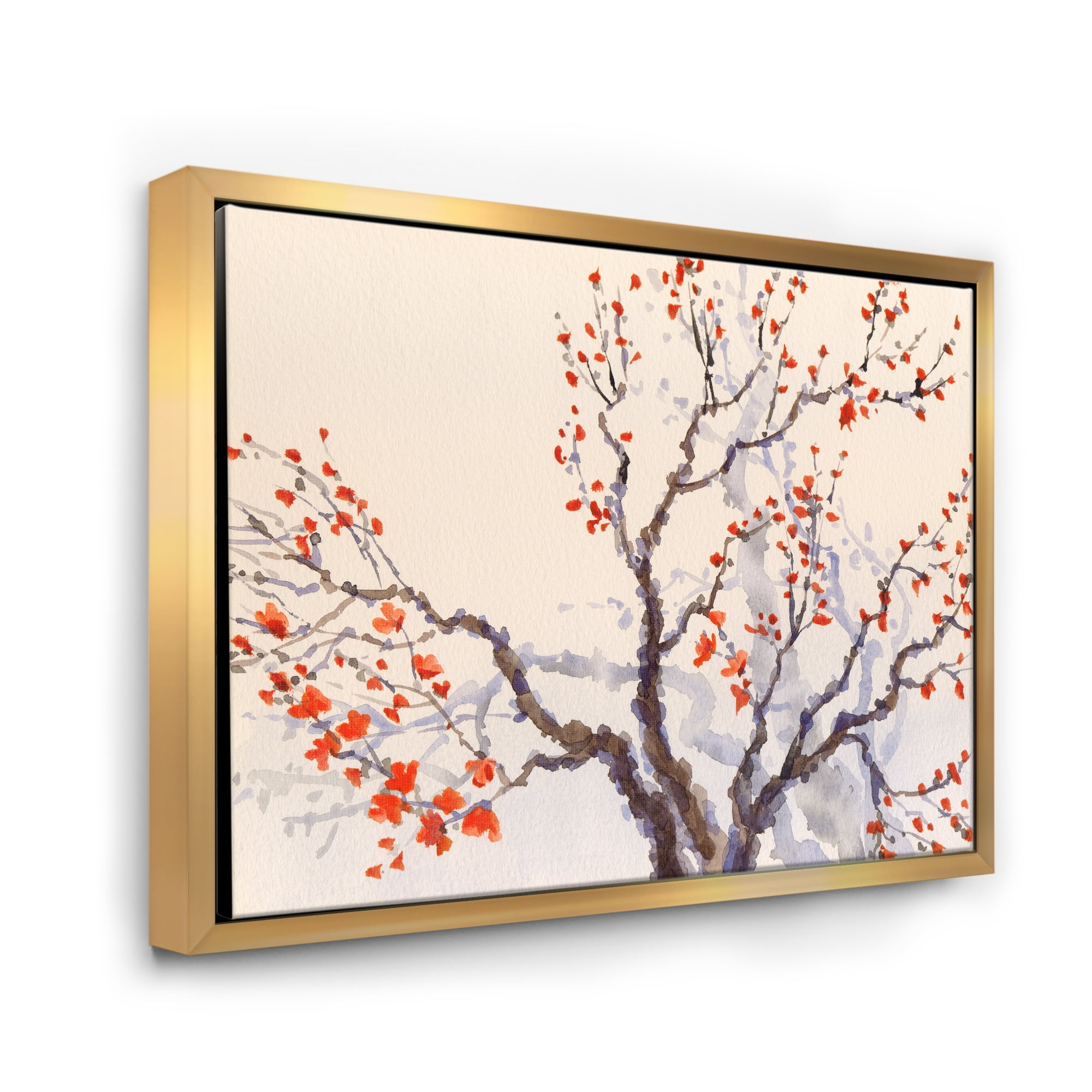 Designart 'Buds and Red Flowers On The Spring Blossoming Tree' Traditional Framed Canvas Wall Art Print
