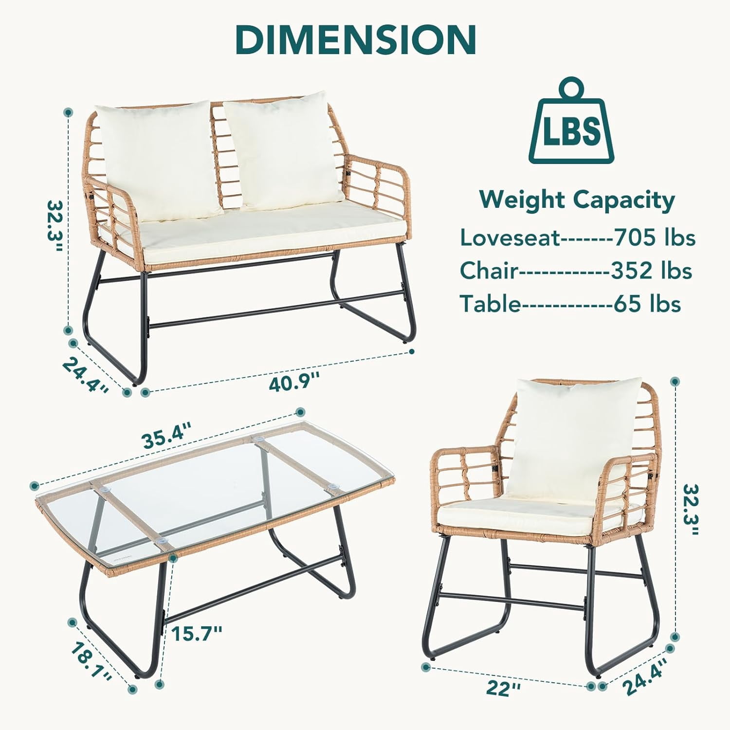 4 Pieces Outdoor Patio Furniture Set, Outdoor PE Wicker Patio Conversation Set with Cushion, Glass Table, Pillow, Beige