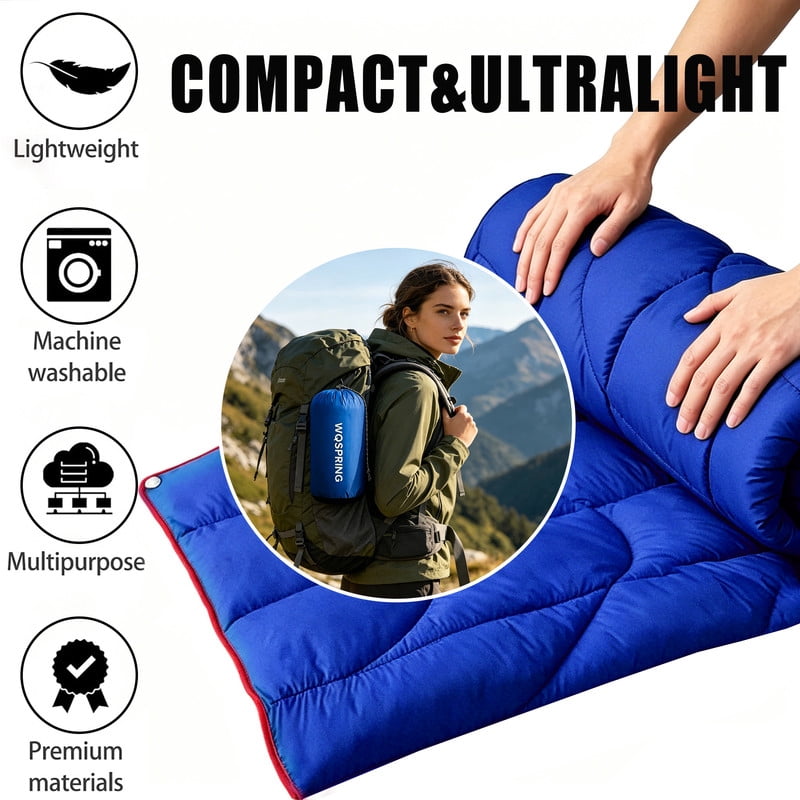 Ultra-Packable Blue Camping Blanket Sleeping Bag Hybrid 79"x55" Waterproof Outdoor Quilt with Compression Sack, Lightweight Travel Blanket for Hiking, Stadium, Backpacking, All Season Tent Camping