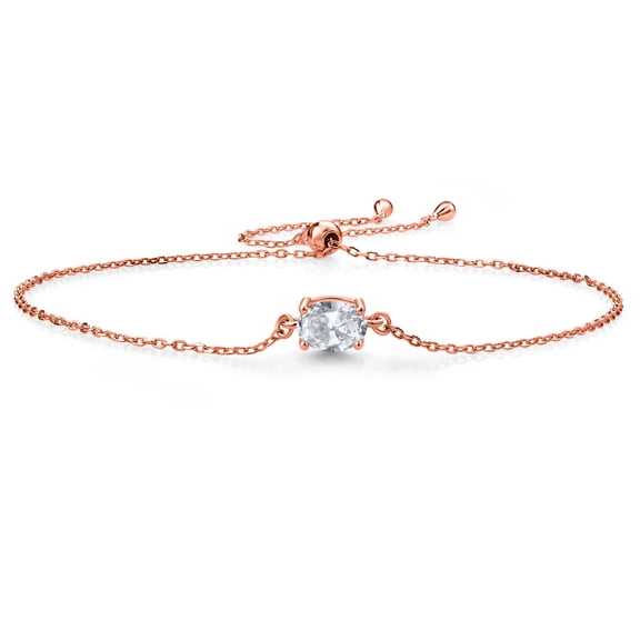 Gem Stone King 18K Rose Gold Plated Silver White Topaz Solitaire Bracelet for Women (1.00 Cttw, Oval Cut 7x5mm)