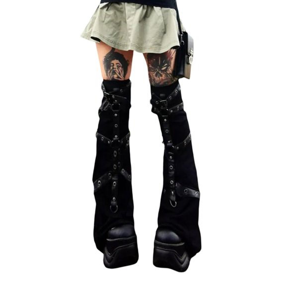 Douhoow Women Punk Leg Warmer, Black Gothic Metal Buckle Leg Cover Knee Legging Socks