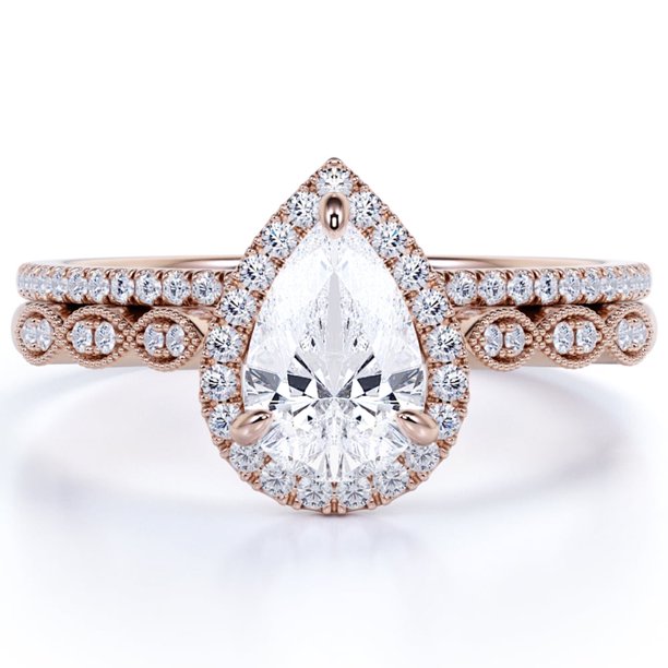 JeenMata Anillo de Bodas Art Déco de Moissanita de Corte Pera de 1,5 Quilates Engastado en Oro Rosa de 18 K sobre Plata, Anillo Clásico