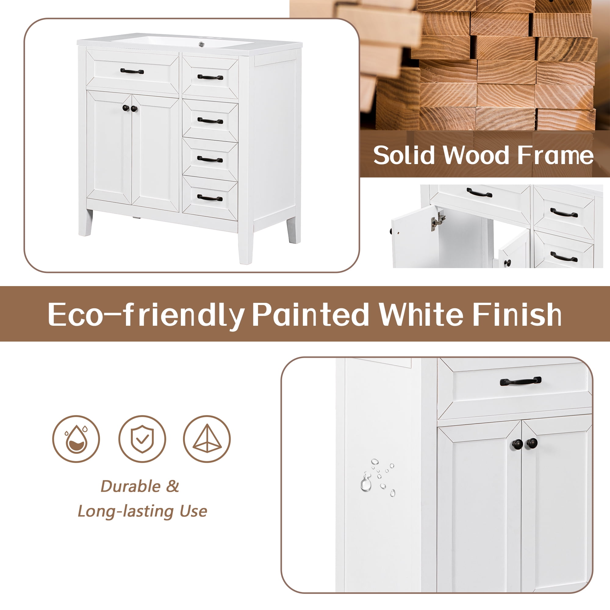 Aukfa Modern Bathroom Vanity without Sink, Freestanding Bathroom Cabinet with Drawers, Solid Frame,White