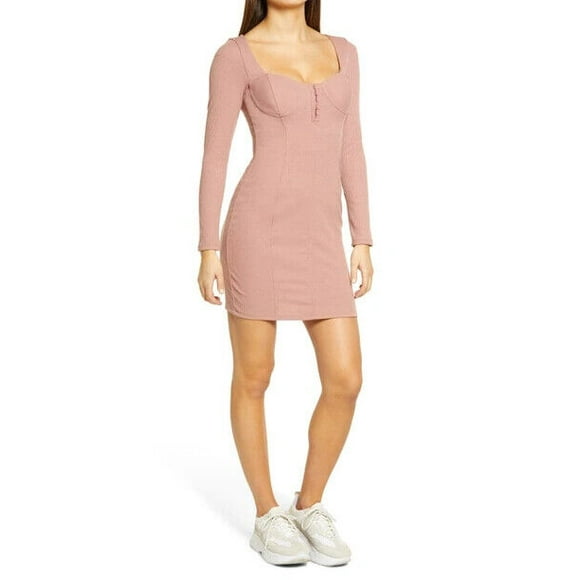 ASTR The Label Women's Bodycon Ribbed Hook & Eye Mini Dress Blush Pink Size XS