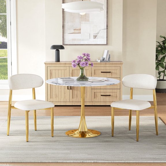 White Dining Table Set for 2, 31.5" Round Faux Marble Glass Top Table with Tulip Pedestal Base, 2 Upholstered Fabric Dining Chairs, Modern Kitchen & Dining Room Furniture Set