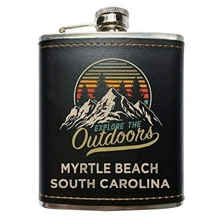 

R and R Imports Myrtle Beach South Carolina Explore the Outdoors Souvenir Black Leather Wrapped Stainless Steel 7 oz Flask