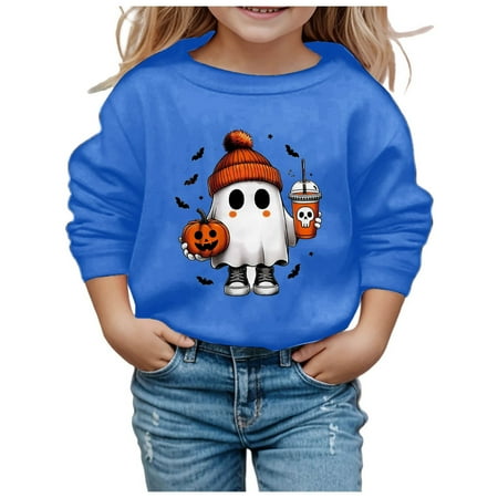 

PMVFHDE Girls Crewneck Sweatshirt Children Fashion Cute Printed Crew Neck Hoodless Long Sleeve Sweatshirt Blue 11-12 Years
