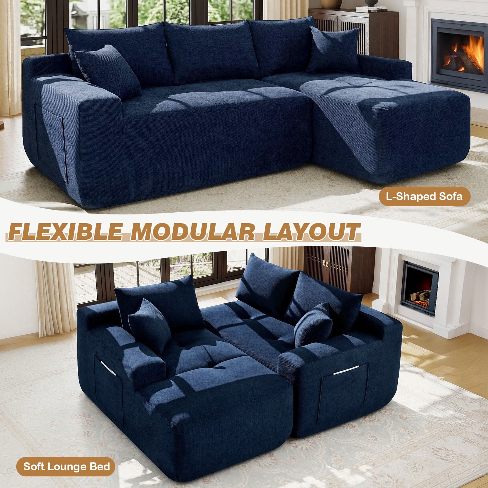 Lunale L-Shaped Modular Sectional Sofa with Right Chaise, No Assembly Required, Boneless Polyester Cloud Couch for Living Room, Blue