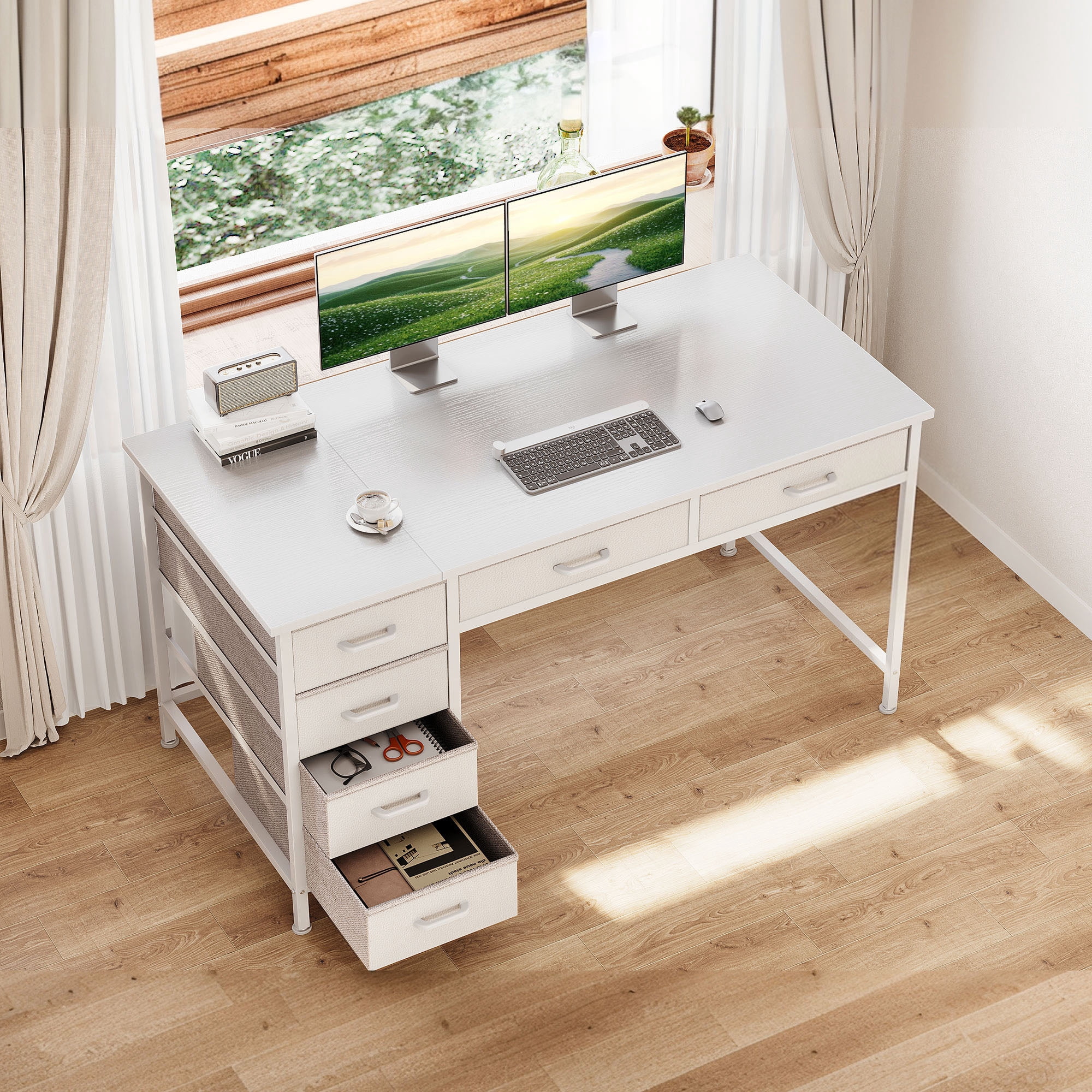 Casacomoda 48" Home Office Desk with 6 Drawers, Small Space Computer Desk with Reversible Storage, Corner Computer Desk, White