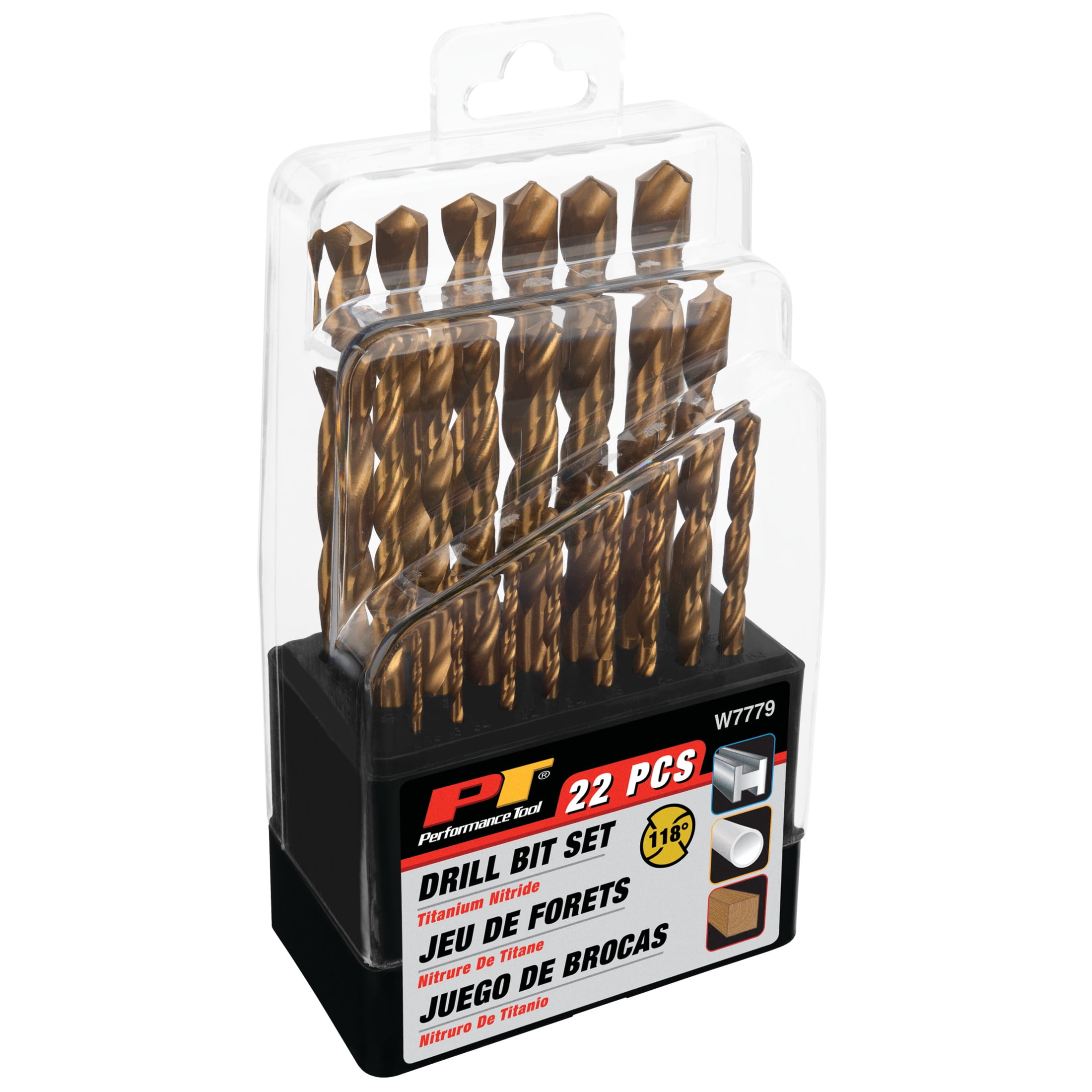 Performance Tool W7779 22-Piece Titanium-Coated HSS Drill Bit Set - 118-Degree Bit Set, 1/16 to 3/8 Inch, Wood, Plastic, Soft Metals