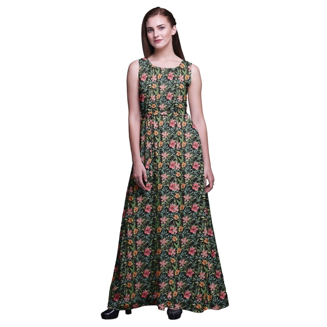 Bimba Robe de Soirée Sans Manches à Imprimé Floral pour Femme à Col Rond - Medium