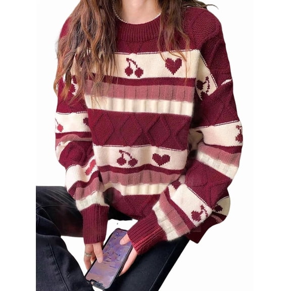Women'S Fall Grandpa Sweater Vintage Oversized Striped Crew Neck Long Sleeve Drop Shoulder Knit Pullovers Red S