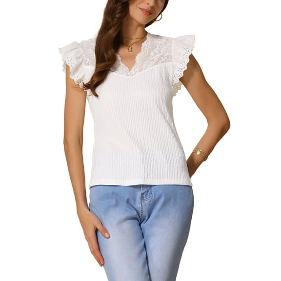 INSPIRE CHIC Lace Top for Women's Cap Short Sleeve Basic Casual V Neck Tops XS White