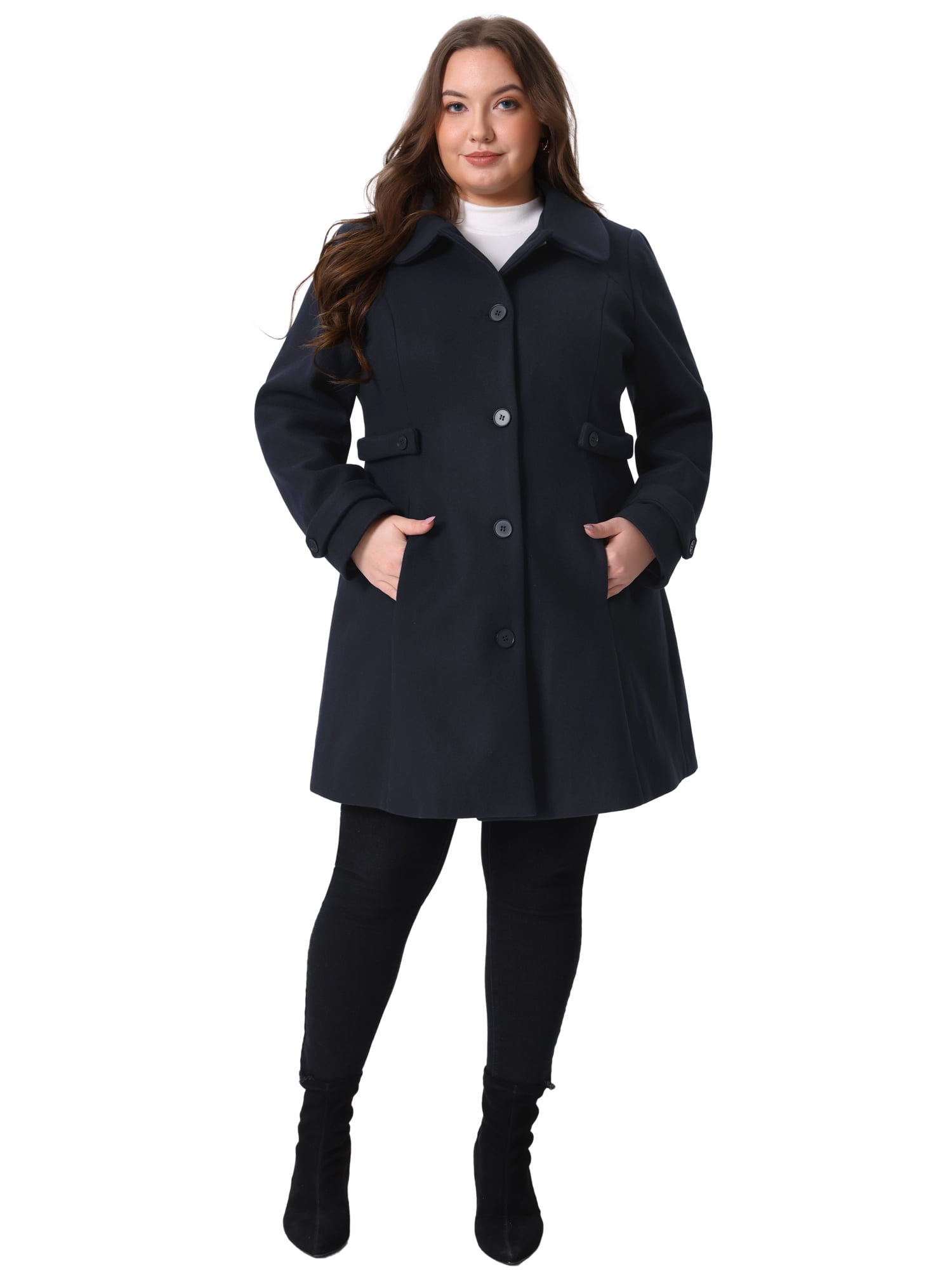 DARING DIVA Women's Plus Size Peter Pan Collar Long Sleeves Winter Coats 1X Dark Blue