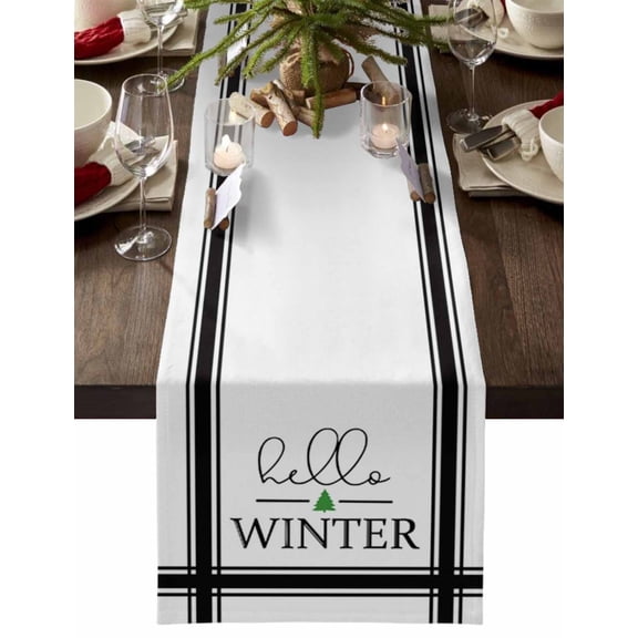 Christmas Table Runner Hello Winter Table Runners Christmas Tree Black Stripes Cotton Linen Dresser Scarf Kitchen Dining Table Decor for Christmas Holiday Party Decor 13x72 Inch