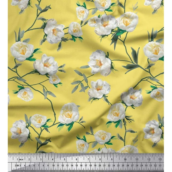 Soimoi Yellow Heavy Satin Fabric Leaves & Magnolia Floral Print Fabric by the Yard 54 Inch Wide