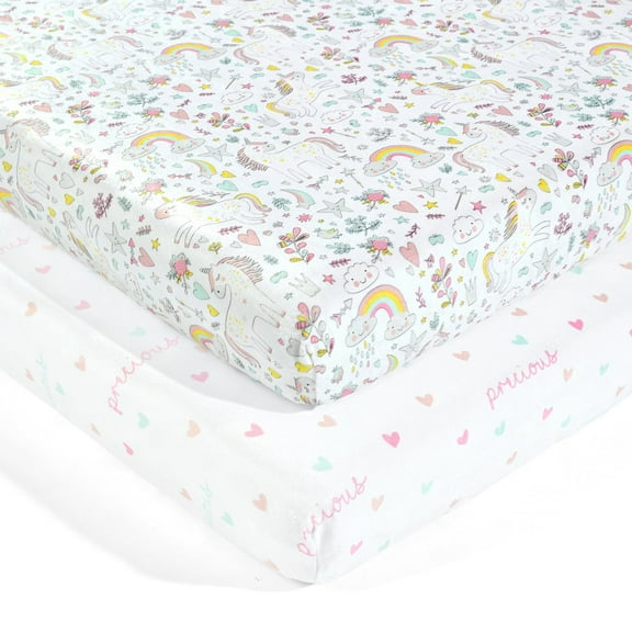 Lush Decor 100% Polyester Unicorn Heart Rainbow Soft & Plush Fitted Crib Sheet Multi 2Pk 28x52x9