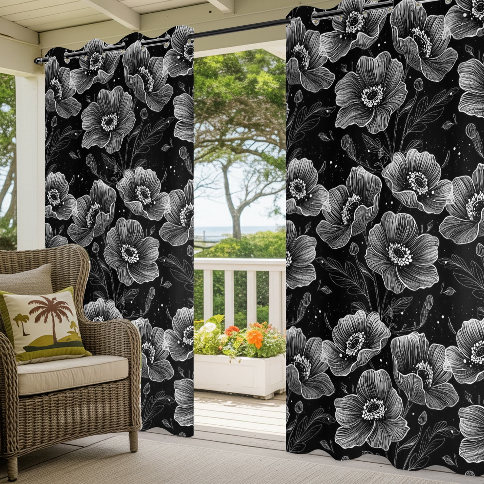 Peony Outdoor Curtains for Patio, Black Floral Botanical Silhouette Sunshade Privacy Drapes Grommet Waterproof Outside Curtains for Porch/Cabana/Balcony 54"x 108", 1 Panel