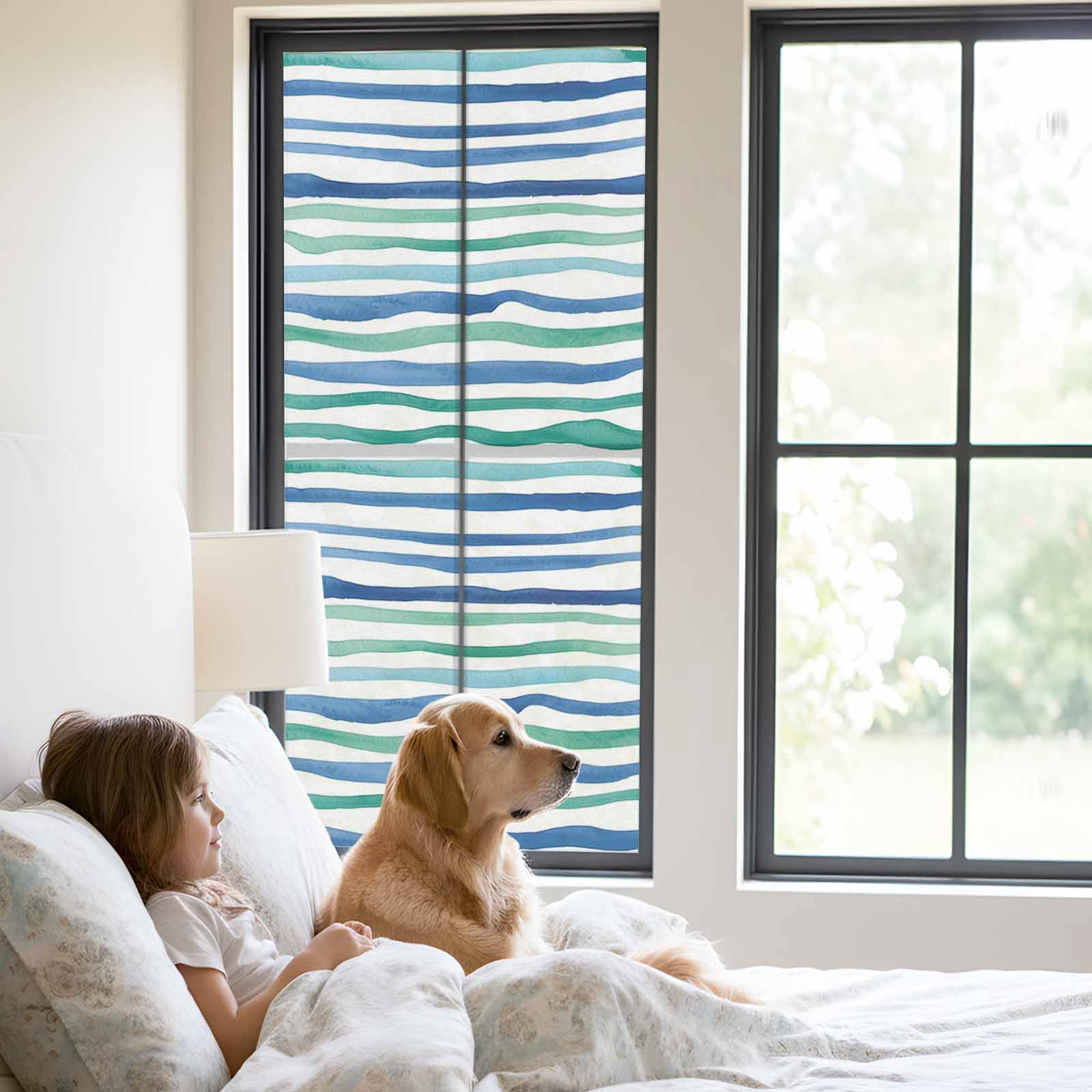 Blue Green Stripes Window Privacy Film, Abstract Art Modern Watercolor Gradient Frosted Glass Window Clings Static Cling UV Heat Blocking Reusable Door Sticker for Bathroom 23.6 x 59 Inch