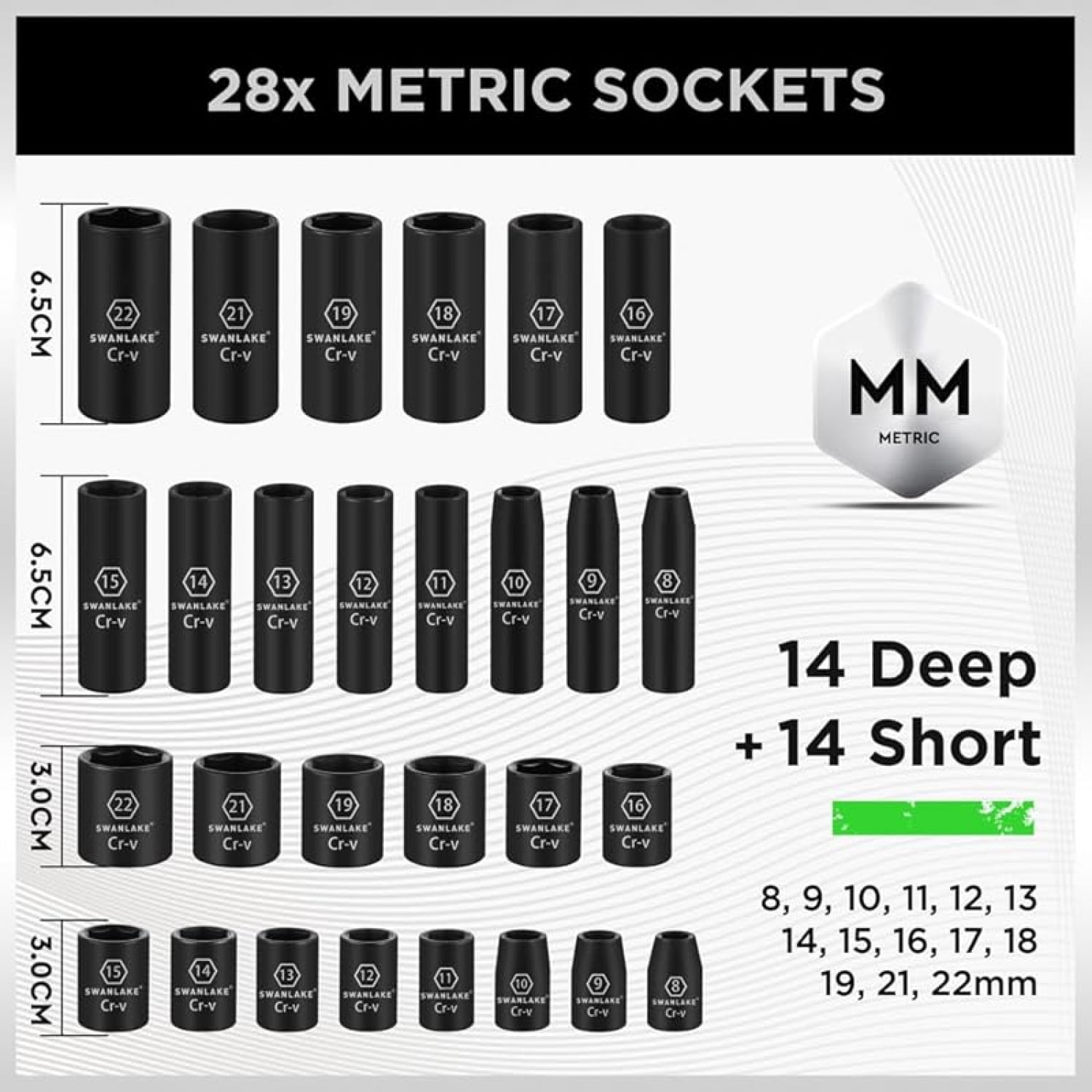 3/8" Drive Impact Socket Set, 50-Piece Standard SAE (5/16 to 3/4 inch) and Metric (8-22mm) Size, 6 Point, Cr-V, 3/8-Inch Ratchet Handle, Extension Bar, Universal Joint