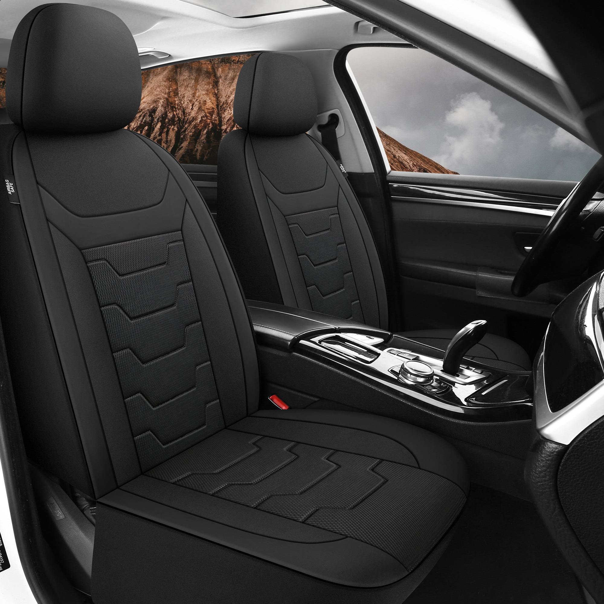 Caromop Universal Fit Car Seat Covers,3D Air Mesh Breathable Front Seat Protectors for Most Cars,SUVs,Trucks with Split Bench,Machine Washable,Airbag Safe.(Black/Beige)