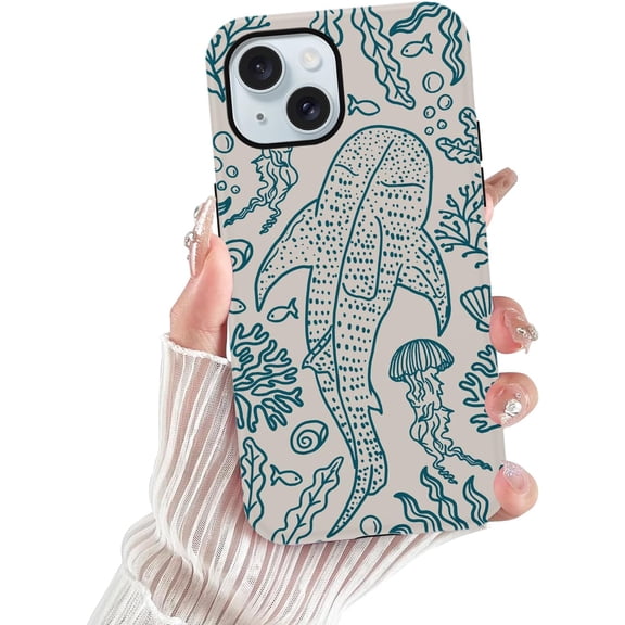 Cute Summer Sea Dolphin Jellyfish Phone Case for iPhone 15 Beachy Case 6.1", Coquette Pattern Print Design Phone Cover Hard PC Shockproof Soft TPU 2-in-1 Matte Protection Funda for Girls Women