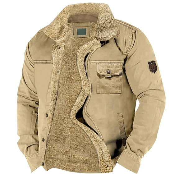 GrmtClth Mens Winter Jacket Thick Warm Sherpa Lined Jackets Button Heavyweight Coat Hombre Outwear with Multi Pocket Khaki L