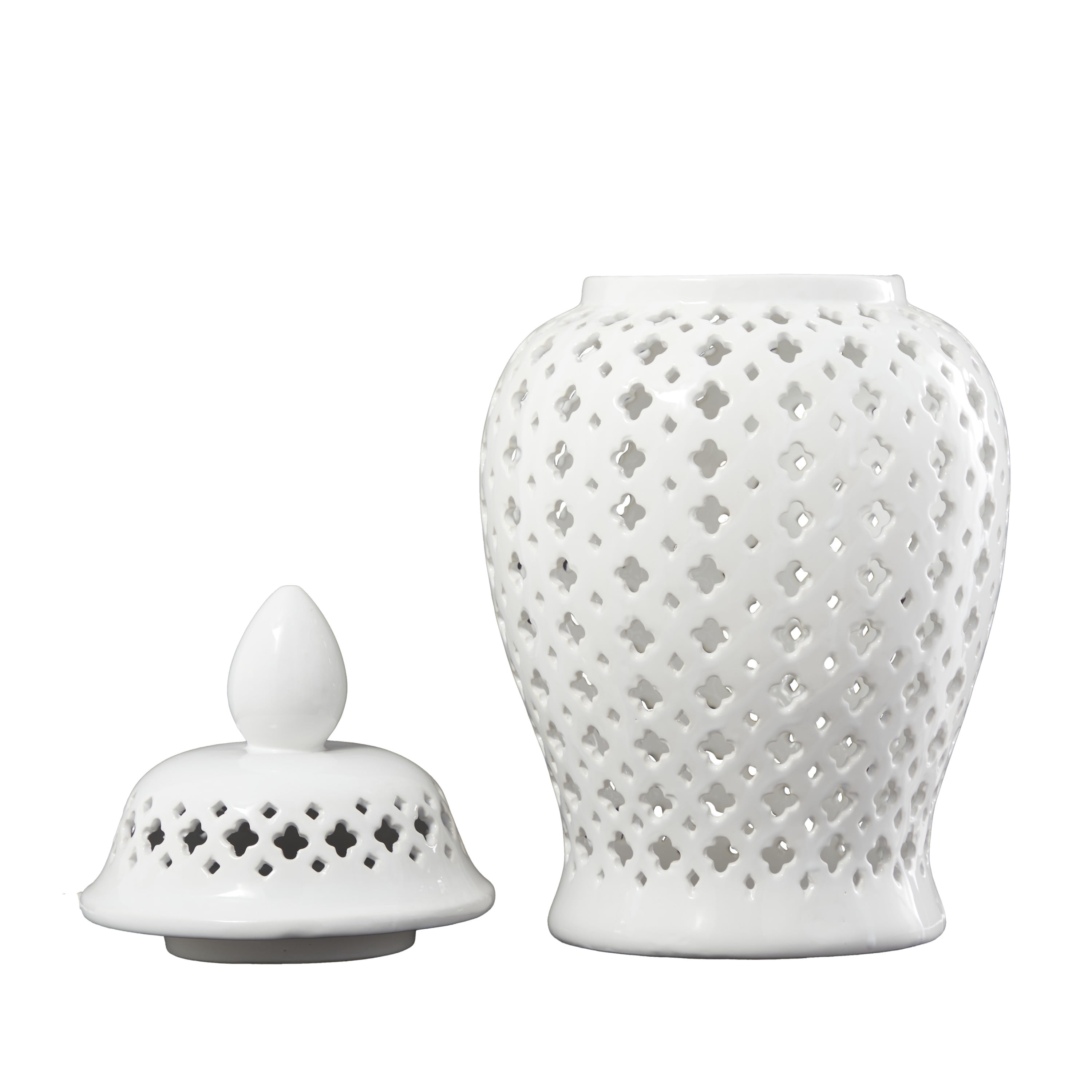DecMode 9" x 18" White Ceramic Decorative Jars with Geometric Cutout Design and Lid, 1-Piece