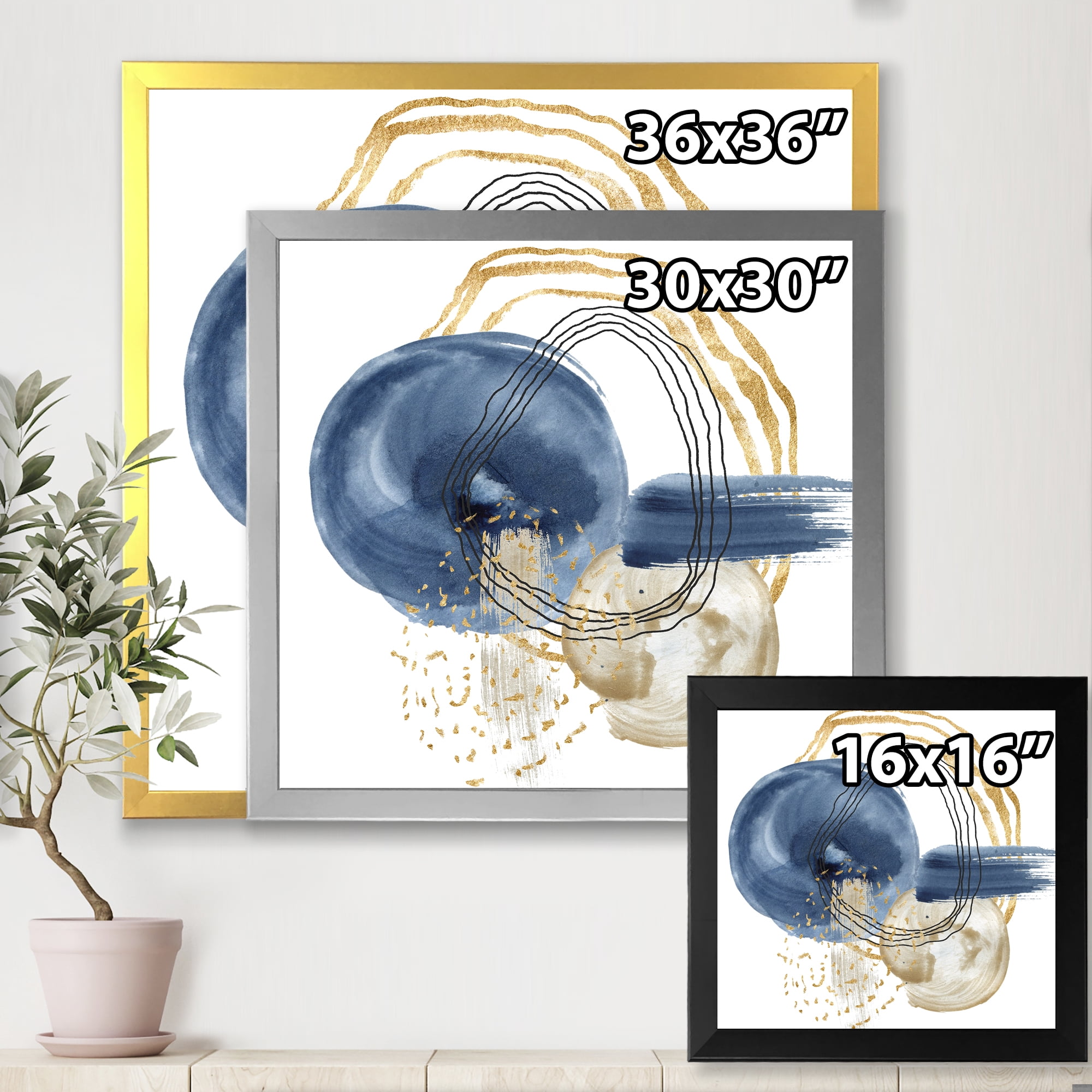 Designart 'Abstract Black and Dark Blue Gold Underwater Life' Modern Framed Art Print
