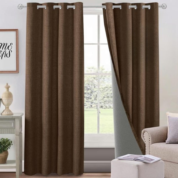 Lino Cortinas Blackout con Aislamiento Térmico, 100% Blackout y Ojal Superior Cortina para Recámara y Ventana de Sala, Capa Trasera de Revestimiento Gris, 2 Paneles, 140 x 275 cm, Marrón