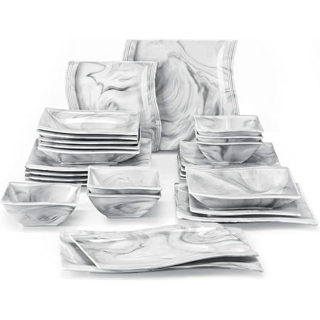 

Square Dinnerware Sets 26-Piece Marble Grey Plates and Bowls Sets Porcelain Dinner Set Microwave Safe Kitchen Dinnerware Plates