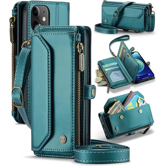 Leather Case for iPhone 12, for iPhone 12 Pro Case, Crossbody Wallet Phone Case with RFID Blocking Kickstand, Anti-Drop Wireless Charging Card Slots, PU Leather Shoulder Bag Clutch Adjustable Strap
