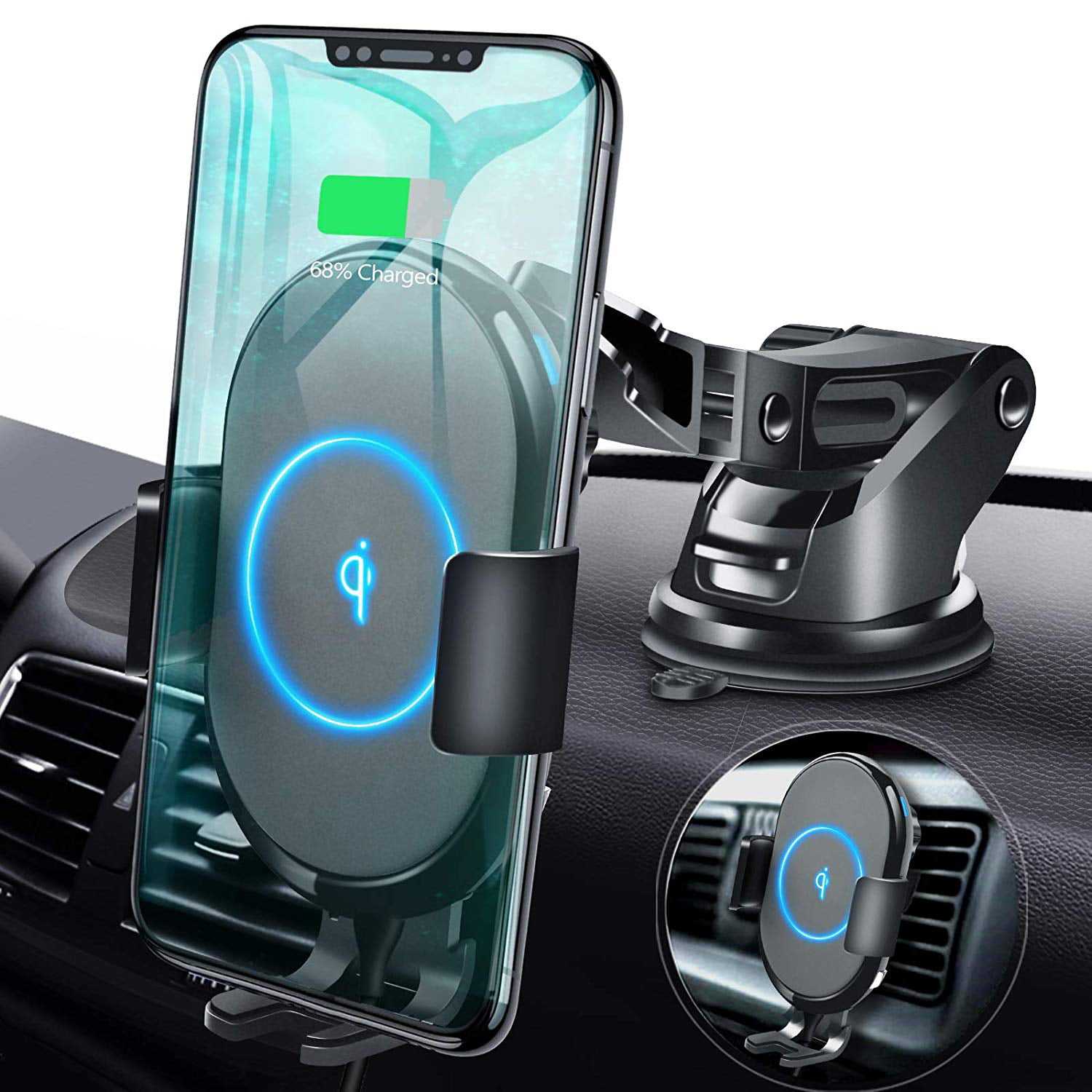 5W Auto Clamping Phone Holder for Dashboard Windshield Compatible with iPhone Xs Max/XS/XR/8 Plus Samsung Galaxy S10/S9/S8/S7 Edge/Note5 & Other Qi Smartphone Vech Wireless Car Charger Mount