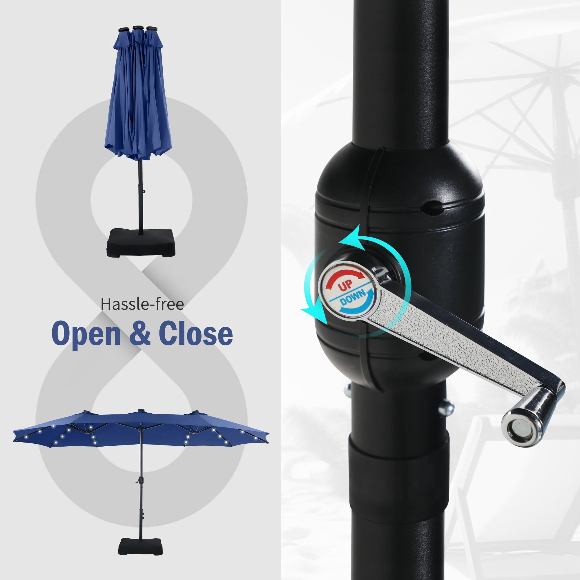 SUMMIT LIVING 15 FT Double-Sided Solar Patio Umbrella with Base Large Outdoor Umbrella with LED Solar Lights - Haze Blue