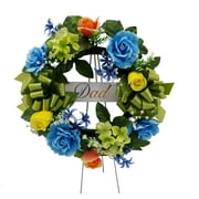 Mainstays 17in Outdoor Artificial Floral Wreath with Dad Sign, Blue Color. 0.5lb.