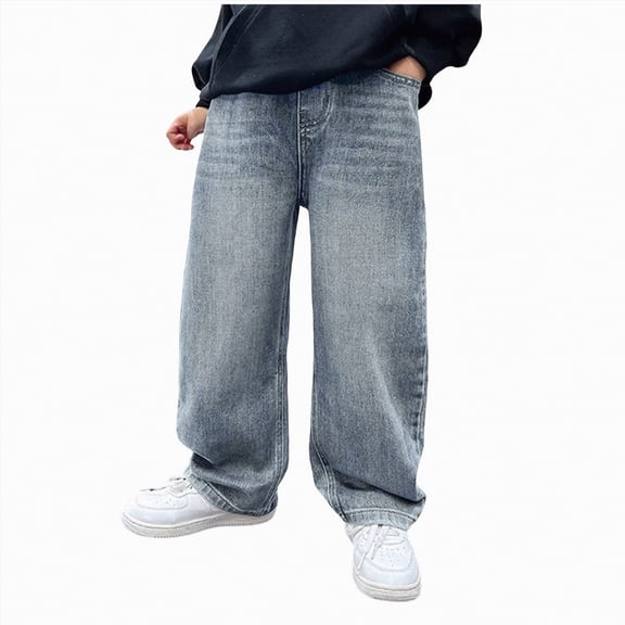 UngA Boys Baggy Jeans Stretch Wide Leg Jeans Fashion Denim Pants Elastic Waist Jeans for Boys (Blue,10-11 Years)