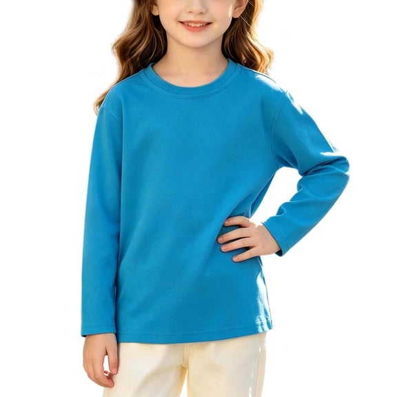 LAJPXKHY Long Sleeve Tops for Girls Crewneck Solid Loose Shirts Fall Winter Casual Athletic Pullover Tops(10-11 Years,Sky Blue)