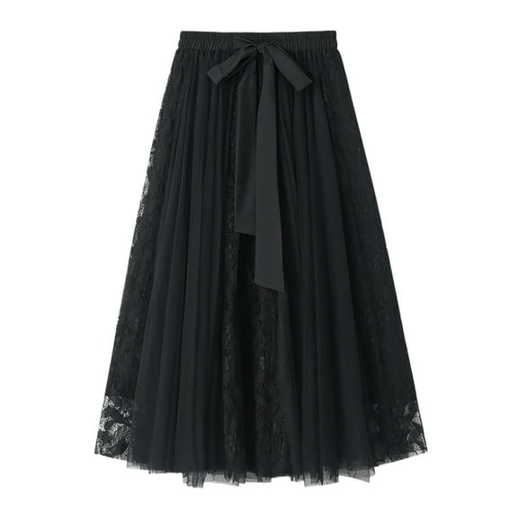 Gbsyewxs Womens Skirts Midi Skirt High Elastic Waist With Bow Tie Lace Embroidery A Line Pleated Elegant Women'S Skirts Black