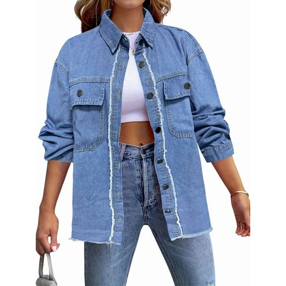 Women'S Loose Denim Jacket Street Washed Vintage Lapel Jacket Top Casual Loose Long Sleeve Denim Jacket Light Blue M