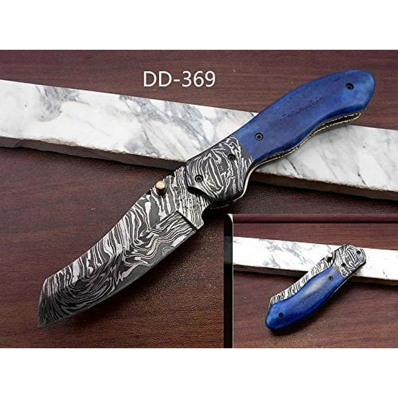 Damascus steel 7.8" folding hand forged custom rain drop patren knife 3.5" Blade Colored Bone & Damascus bolster scale cow leather sheath