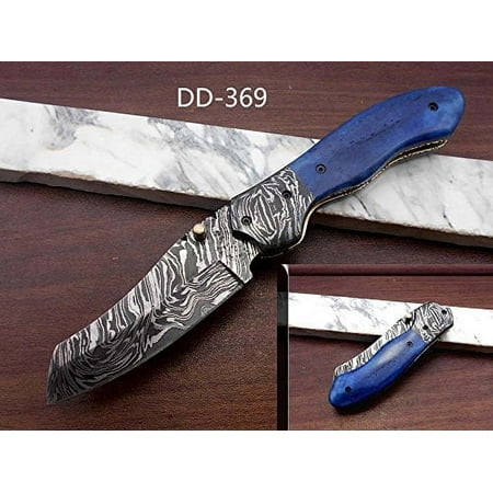 Damascus steel 7.8 folding hand forged custom rain drop patren knife 3.5 Blade Colored Bone & Damascus bolster scale cow leather sheath