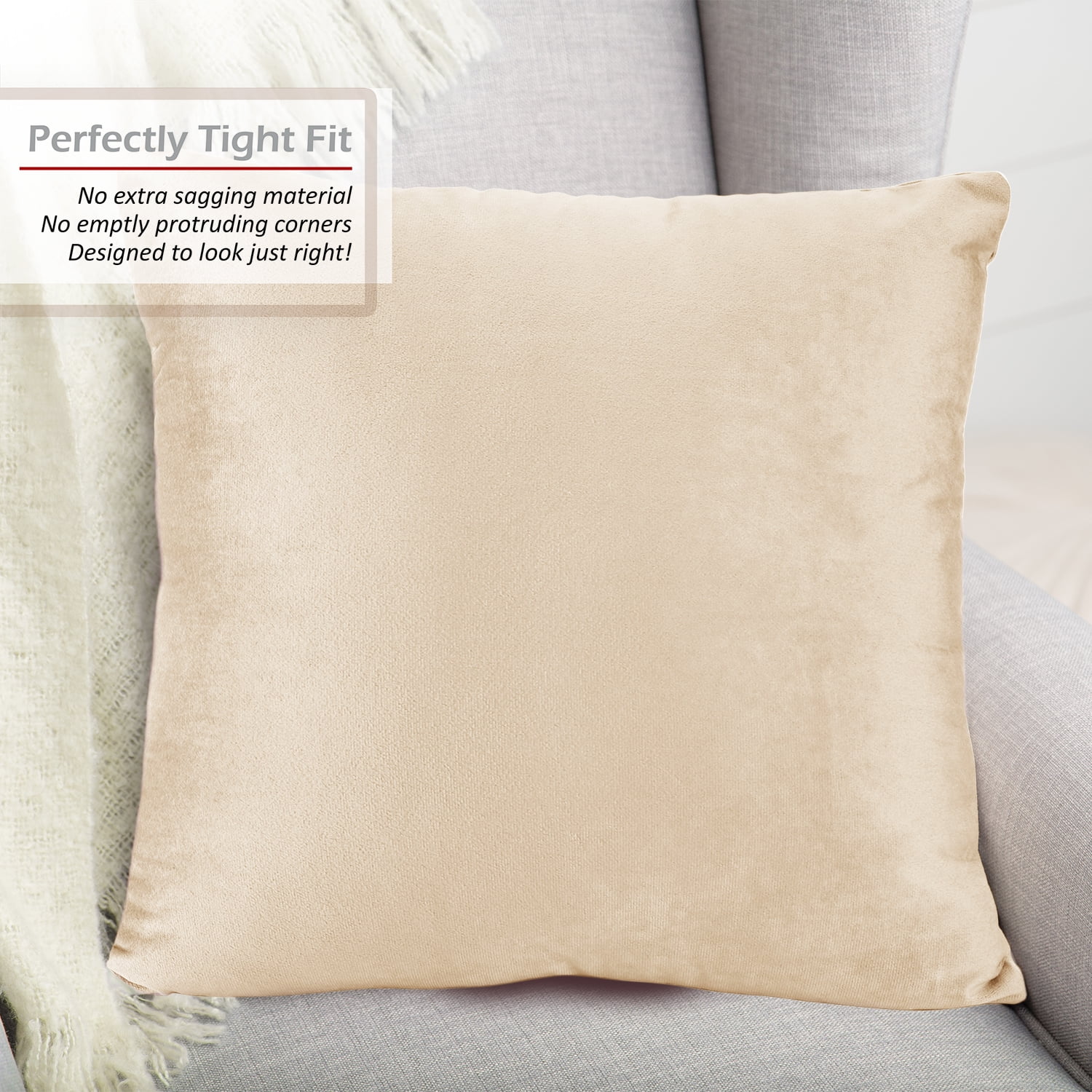 Nestl Velvet Throw Pillow Covers Solid Square Soft Decorative Pillow Cover for Sofa, 20" x 20", Beige, Pack of 4