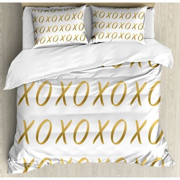 Xo Duvet Cover Set, Affection Sincerity Love Letter with Old Fashioned Retro Effects Print, Decorative 3 Piece Bedding Set with 2 Pillow Shams, King Size, Sand Brown White, by Ambesonne