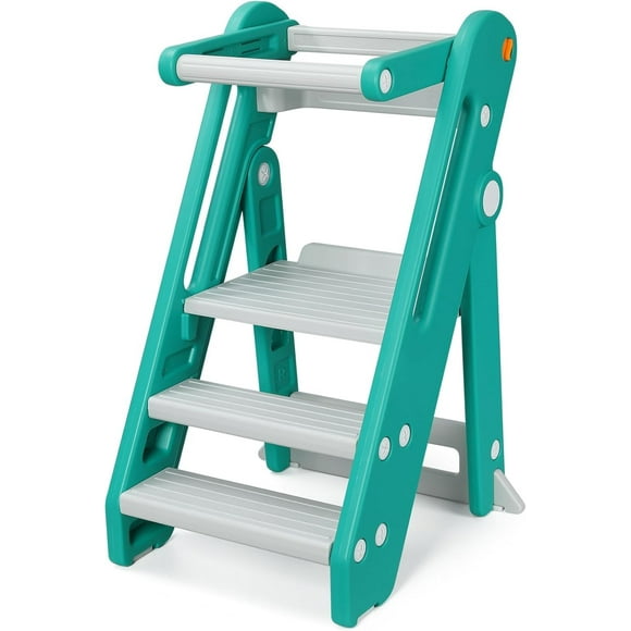Toddler Tower Kitchen Stool Helper - Foldable & Adjustable Height Kids Learning Stool for Kitchen Counter Bathroom Sink Child Ladder for Toddlers with Handles, Safty Rail, Non-Slip-Beige White