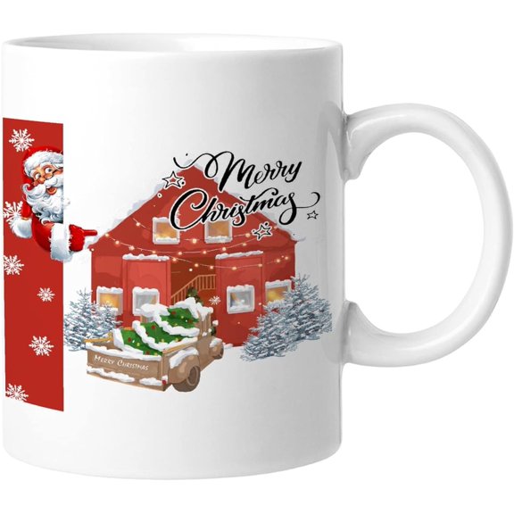 Merry Christmas Farmhouse Funny Coffee Mug Santa Claus Brown Truck Christmas Tree Porcelain Coffee Mugs 11 Ounces Merry Christmas Christmas Gift For Women Friends Co-workers Employee
