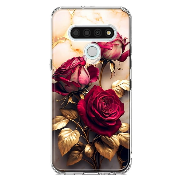 MUNDAZE LG Stylo 6 Romantic Elegant Gold Marble Red Roses Double Layer Phone Case Cover