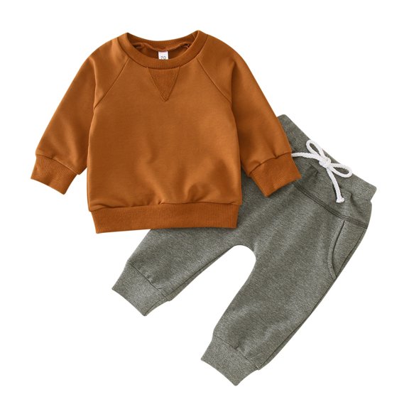 Tisuna Kids Fall Sweat Outfit Set For Boys Breathable Solid Color Long Sleeve Crewneck Tops And Pants 2 Pieces Clothes Set For Children Streetwear Size 18-24 Months