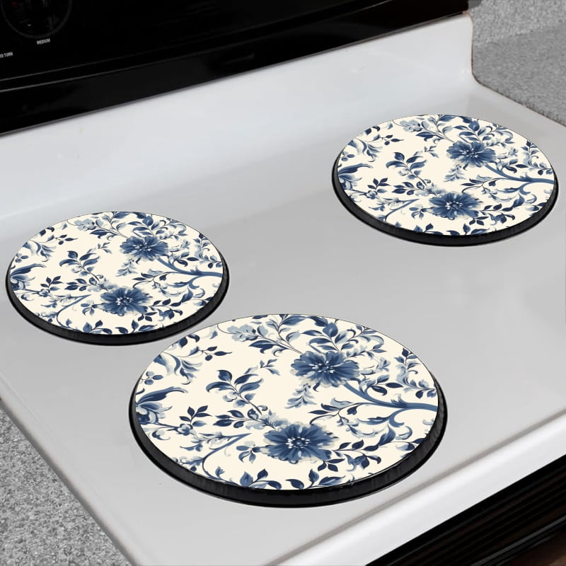 BaHomeck Electric Stove Burner Covers Set of 4,Round Metal Gas Stove Burner Covers 8 Inch and 10 Inch,Kitchen Decor,Blue And White Porcelain-Style Floral Pattern With Large Flowers
