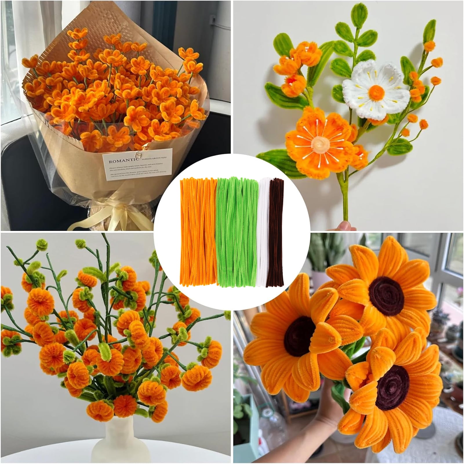 CandWuom Yellow Green Pipe Cleaners Flower Kit for Graduation Gifts, Chenille Stems for Pipe Cleaner Sunflowers Bouquets Making